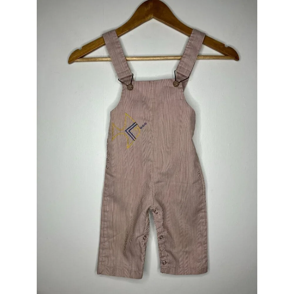 Vintage Baby Overalls Striped Fish Embroidery 2T